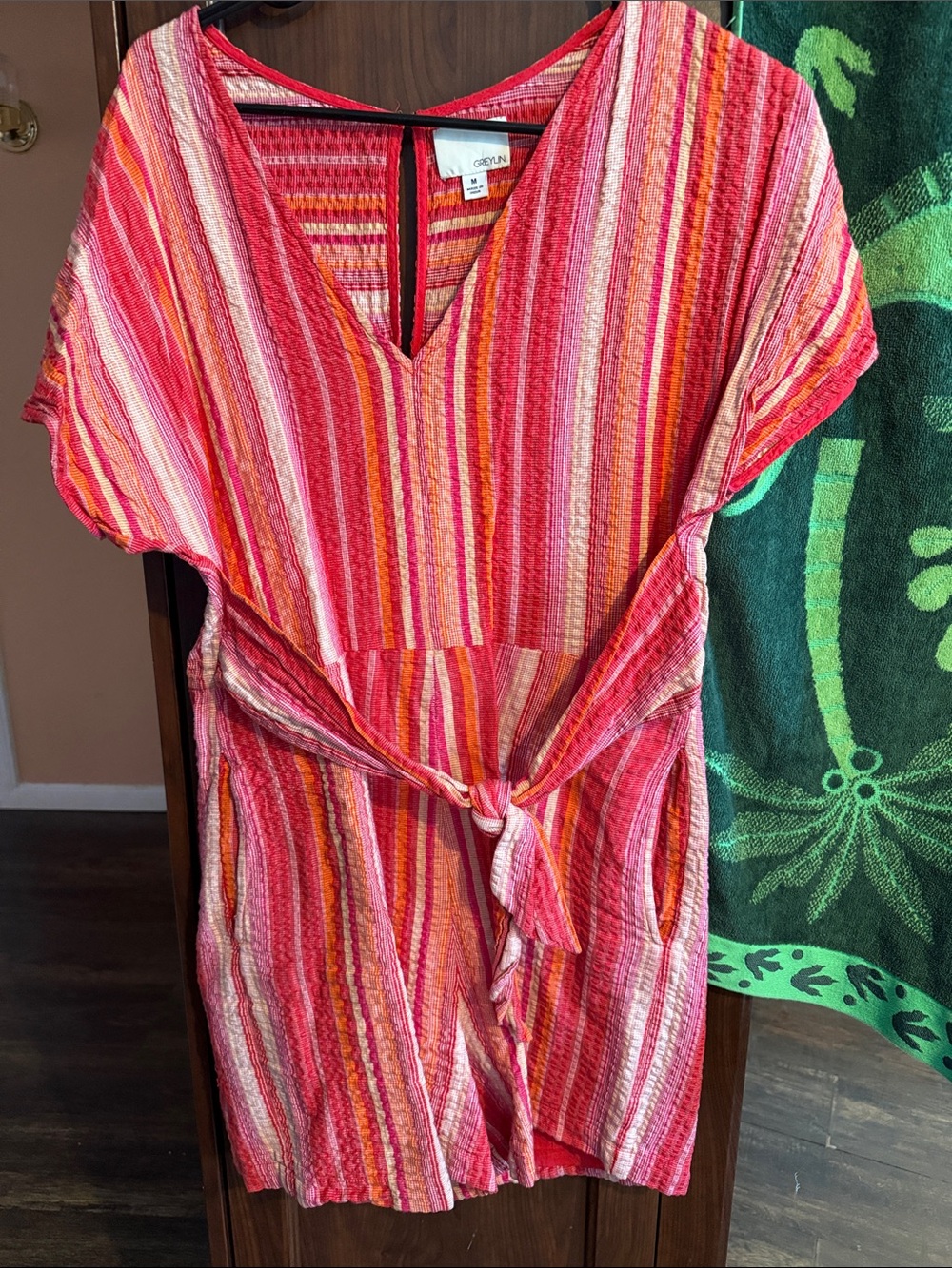 Anthropologie Reva Striped Romper Red Pink V-neck with tie